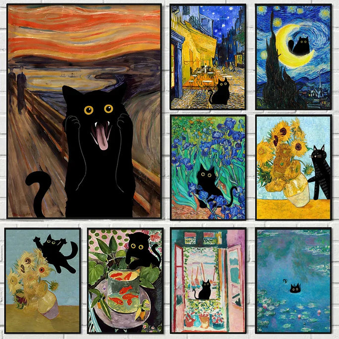 Black Cat and Van Gogh Canvas Art